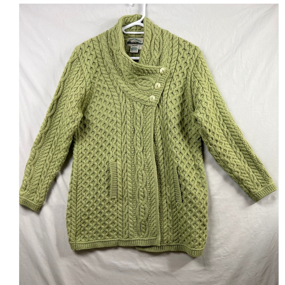 Aran Crafts Cardigan Women Large Green Merino Wool Cable Knit Chunky Mock Neck